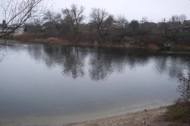 Yapraksız ağaçların ayna benzeri yansımalarıyla sakin bir göl ve sazlıklar ve uzak evlerle çevrili bulutlu gökyüzü. Doğal simetriyle huzurlu kış manzarası.