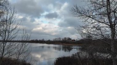 Sakin bir nehrin geniş panoramik manzarası ya da altın kamışlı bir göl dramatik bulutlu bir gökyüzü ve suya yansıyan yumuşak yansımalar. Huzurlu sonbahar sulak arazi, doğal ışık, kırsal manzara.