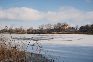 Donmuş göl manzarası, karla kaplı buzlar, sazlıklar ve mavi gökyüzü altındaki kış kıyı şeridi, sakin mevsimsel manzara soğuk havayı, durgun su kenarlarını ve kırsal kış atmosferini gösteriyor..