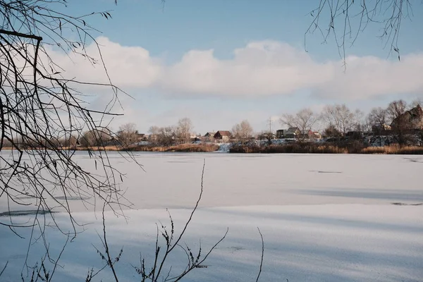 Donmuş göl manzarası, karla kaplı buzlar, sazlıklar ve mavi gökyüzü altındaki kış kıyı şeridi, sakin mevsimsel manzara soğuk havayı, durgun su kenarlarını ve kırsal kış atmosferini gösteriyor..