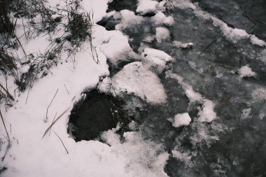 Buzlu göl kıyılarında eriyen karlar ve kıyıların yakınında kırılan buzlar soğuk dokuları, donmuş dalgaları ve sazlıkları gösteren kış geçiş sahneleri.,
