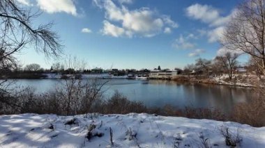 Yavaş çekim videosu. Taze kar, uzun ağaç gölgeleri ve gövdeleri arasındaki altın ışık, berrak gökyüzünü, soğuk mevsim güzelliğini ve sakin doğayı gösteren huzurlu ormanlık alan..