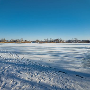 Parlak mavi gökyüzünün altında sakin bir kış donmuş gölü. Karla kaplı buz ayak izleri ve ağaç gölgeleri kıyıda altın kuru sazlıklar, çıplak ağaçlar ve soğuk güneş ışığı altında uzak ufuklar..