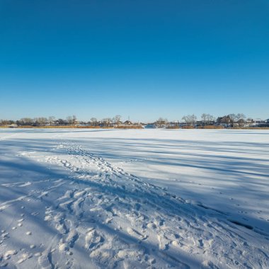 Parlak mavi gökyüzünün altında sakin bir kış donmuş gölü. Karla kaplı buz ayak izleri ve ağaç gölgeleri kıyıda altın kuru sazlıklar, çıplak ağaçlar ve soğuk güneş ışığı altında uzak ufuklar..