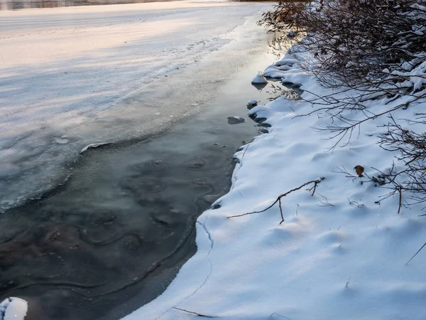 Parlak mavi gökyüzünün altında sakin bir kış donmuş gölü. Karla kaplı buz ayak izleri ve ağaç gölgeleri kıyıda altın kuru sazlıklar, çıplak ağaçlar ve soğuk güneş ışığı altında uzak ufuklar..