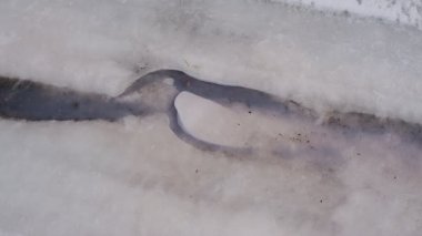 Karlı bir orman yolunda donmuş su birikintisi. İnce, çatlamış bir buzla kaplı. Ağaç dallarını ve gökyüzünü yansıtıyor. Karla çevrili, kuru yapraklar, çam iğneleri ve çimlerle; eriyen kenarları olan soğuk, kasvetli kış zemin dokusu. Mevsimlik ideal,