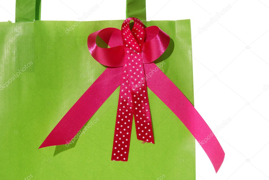 Ribbon on green paper bag