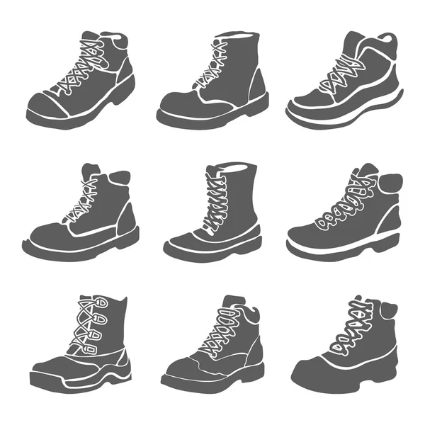 Set de nueve botas diferentes ilustración aisladas sobre fondo blanco — Archivo Imágenes Vectoriales