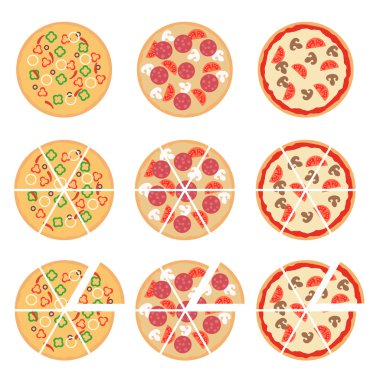 Beyaz izole düz pizza simgeler kümesi. Vektör