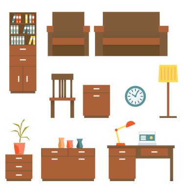 Ofis mobilya düz tasarım ayarlayın. Vektör