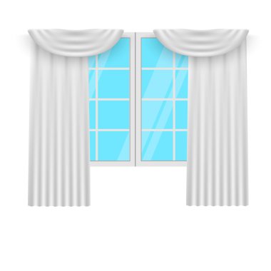 Pencere perdeleri. Beyaz curtans ve windows. Vektör