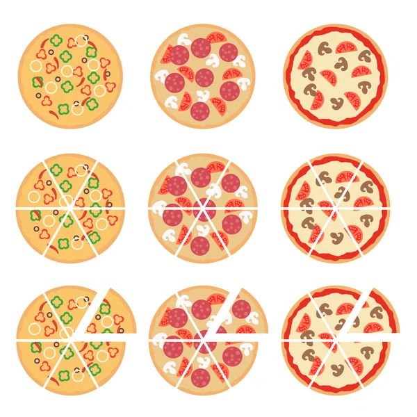 Set van plat pizza iconen op wit wordt geïsoleerd. Vector — Stockvector