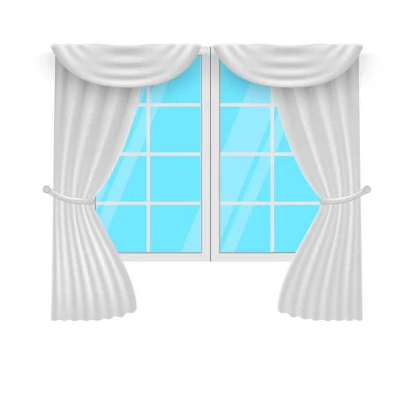 Perdele pentru ferestre. Borduri albe şi ferestre. Vector — Vector de stoc