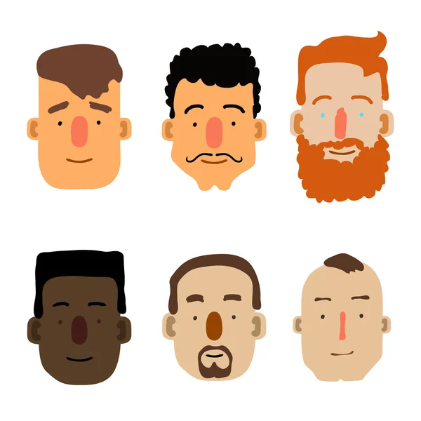 Caras masculinas de dibujos animados. Diferente etnia. Vector — Vector de stock