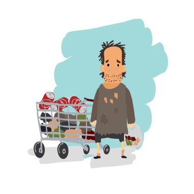 Homeless. Shaggy man in dirty rags and with a bag in his hand with shopping cart. Vector clipart