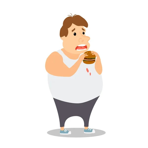 Hombre gordo de dibujos animados comiendo hamburguesa. Vector — Archivo Imágenes Vectoriales