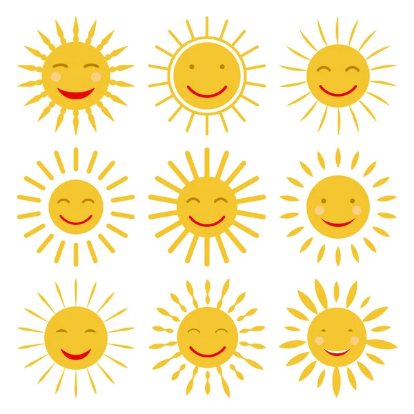 Lindos iconos de sol dibujados a mano con sonrisa. Vector — Vector de stock