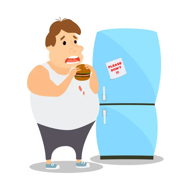 Hombre gordo de dibujos animados comiendo hamburguesa cerca del refrigerador. Vector — Vector de stock