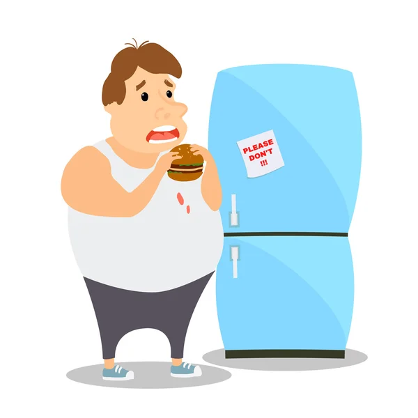 Hombre gordo de dibujos animados comiendo hamburguesa cerca del refrigerador. Vector — Archivo Imágenes Vectoriales