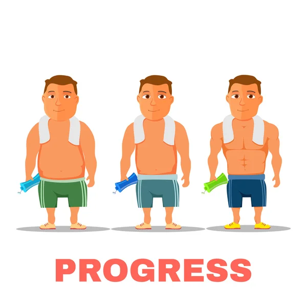 Tipo de dibujos animados ajuste progreso, después del ejercicio. Vector — Archivo Imágenes Vectoriales