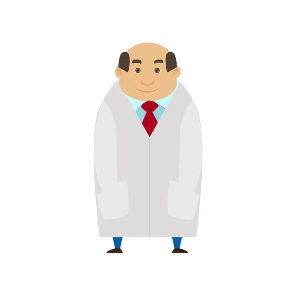 Arzt Mann auf weißem Mantel Zeichentrickfigur flaches Design. Vektor — Stockvektor