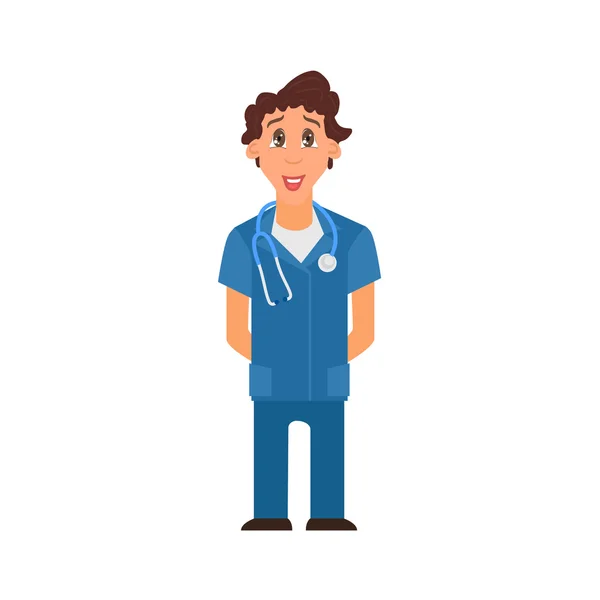 Homem médico no casaco azul Desenho Animado Personagem Flat Design. Vetor — Vetor de Stock