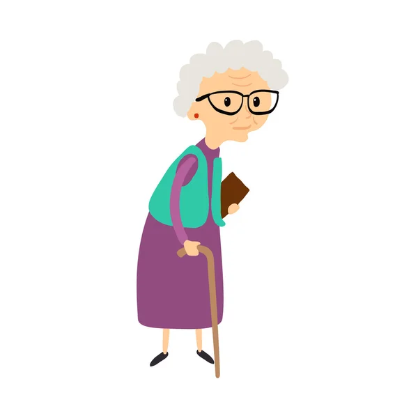 Old woman with cane. Senior lady with glasses walking. Vector. — Stock Vector