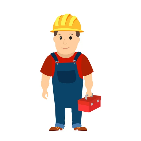 Feliz reparador de dibujos animados o trabajador de la construcción con sombrero de seguridad. Vector — Archivo Imágenes Vectoriales