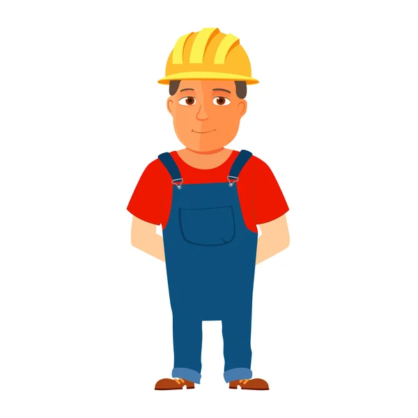 Feliz reparador de dibujos animados o trabajador de la construcción con sombrero de seguridad. Vector — Archivo Imágenes Vectoriales