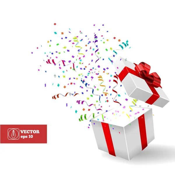 Regalo abierto y confeti. Vector de Navidad — Vector de stock