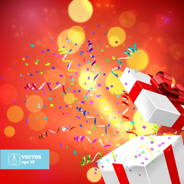 Regalo abierto y confeti. Vector de Navidad — Vector de stock