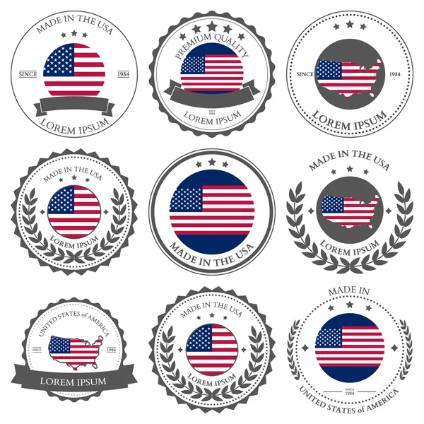 Fabricado en USA, sellos, insignias. Ilustración vectorial — Vector de stock