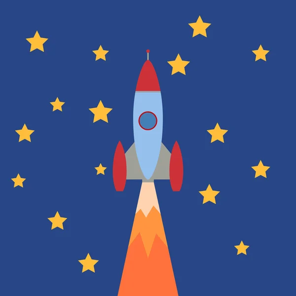 Cartoon Rocket on  blue background with stars. Vector — Stock Vector