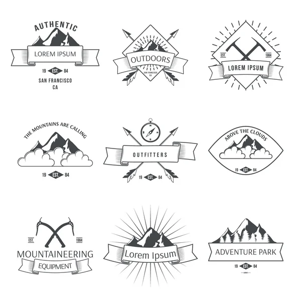 Camping mountain adventure hiking explorer equipment labels set — Stock Vector