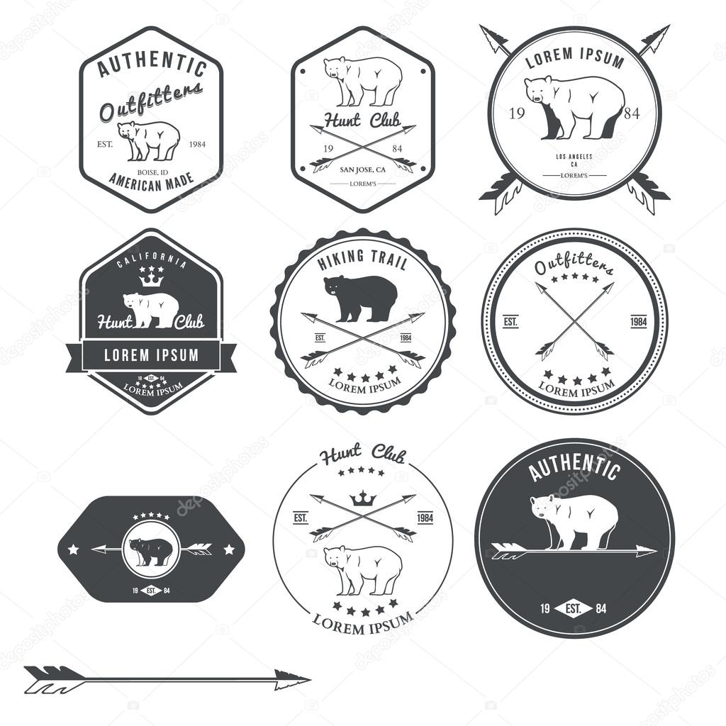 Set of vintage bear icons, emblems and labels