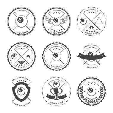 Bilardo tasarım öğeleri ve rozetleri ayarlayın. Vektör