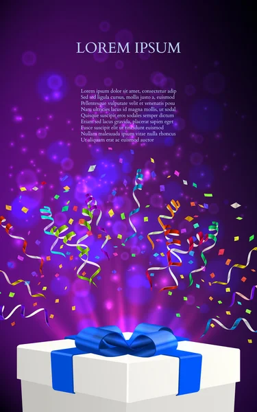 Regalo abierto con fuegos artificiales de confeti. vector — Archivo Imágenes Vectoriales