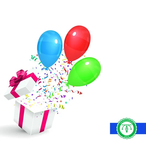 Gift with Confetti and Balloons. Vector Background — Stock Vector