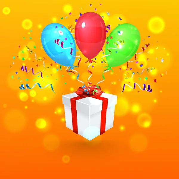 Gift with Confetti and Balloons. Vector Background — Stock Vector