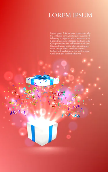 Regalo abierto con fuegos artificiales de confeti. vector — Archivo Imágenes Vectoriales