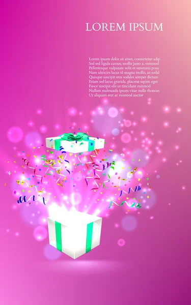 Regalo abierto con fuegos artificiales de confeti. vector — Archivo Imágenes Vectoriales