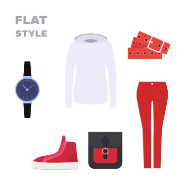 Düz stil. Kadının bak. Moda giyim. Vektör