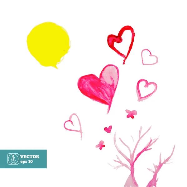 Akvarell färg. Sol, träd och hjärtan. Vektor — Stock vektor