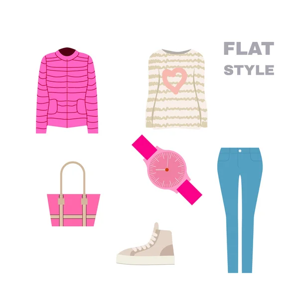 Vlakke stijl. Womans Look. Mode slijtage. Vector — Stockvector