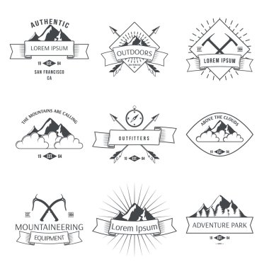 Camping mountain adventure hiking explorer equipment labels set  clipart
