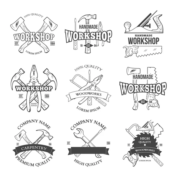 Herramientas de carpintería vintage, etiquetas y elementos de diseño — Vector de stock