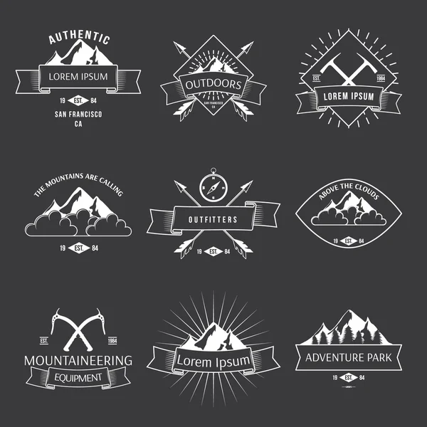 Camping mountains adventure hiking explorer equipment labels — Stock Vector