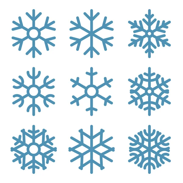 Ensemble de neuf flocons de neige ligne mince ftat design — Image vectorielle