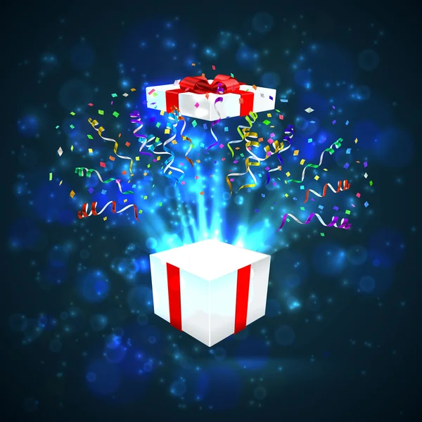 Offenes Geschenk mit Feuerwerk aus Konfetti — Stockvektor