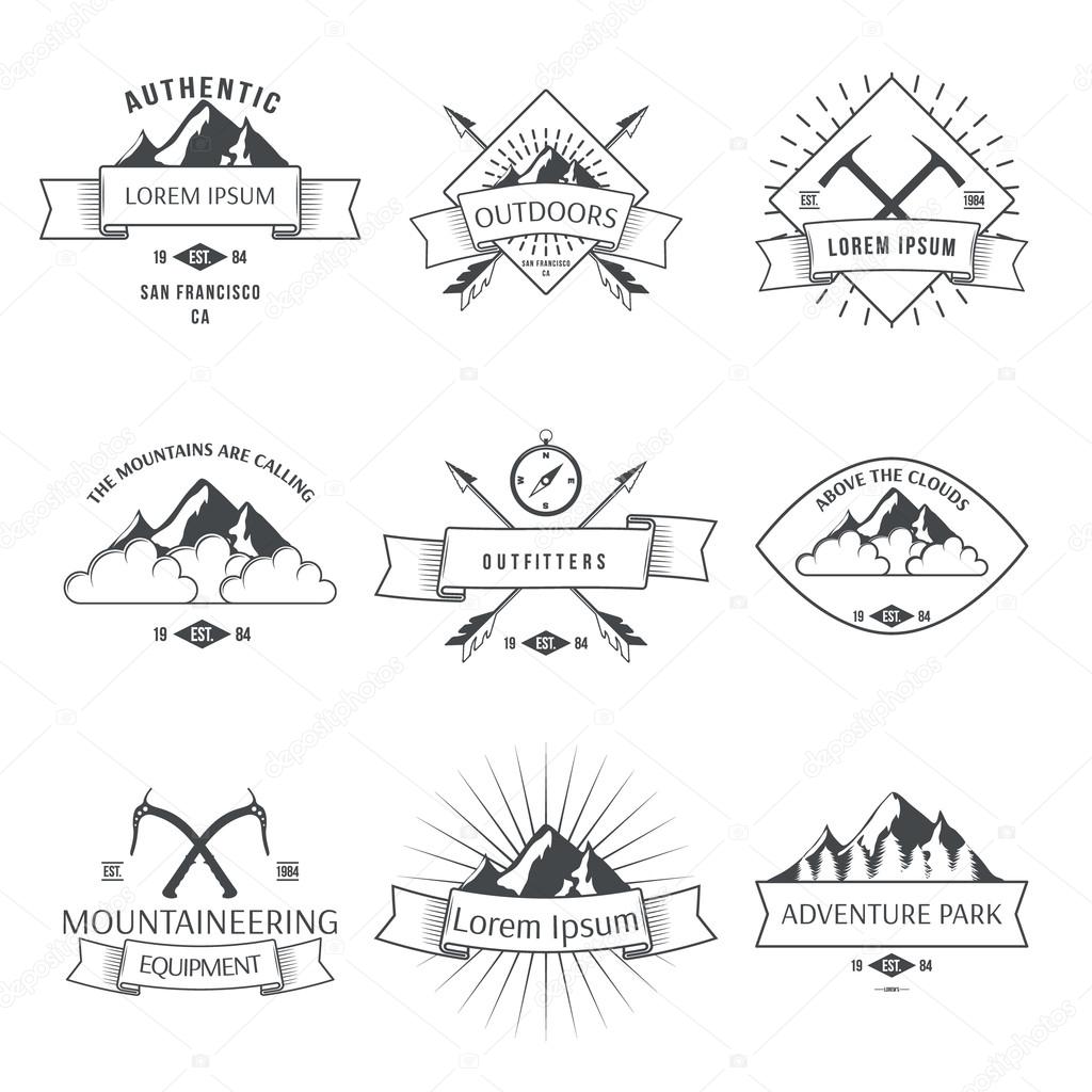 Camping mountain adventure hiking explorer equipment labels set 